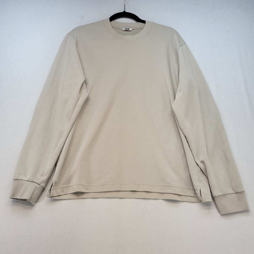 Uniqlo U AIRism T-Shirt Mens Medium Relaxed Beige Tan Long Sleeve Crewneck